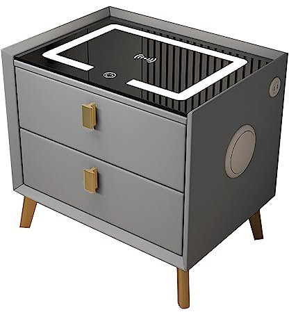 e: Moderner Nachttisch mit 200 Zeichen, mit kabelloser Ladestation, LED-Lichtern, USB-Anschluss und 2 Schubladen, Beistelltisch für Schlafzimmer, Wohnheim und Wohnzimmer, Grau + Gold,