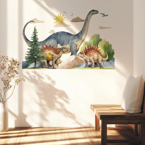 SUPERDANT Cartoon Dinosaurier Wandsticker Wald Stegosaurus Brachiosaurus Wandaufkleber Buntes Kinderzimmer Wandtattoo DIY Vinyl Wandsticker für Schlafzimmer Klassenzimmer Kinderzimmer Wanddeko