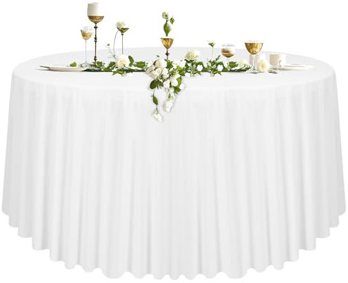 1 Packungen Weiße Runde Tischdecke 305 cm, Tischdecke Weiß Stoff Rund Polyester Tischdecke, Waschbare Tischdecke für Hochzeitsfeier, Restaurant, Banketttisch (Für Ø150-240cm Tische)