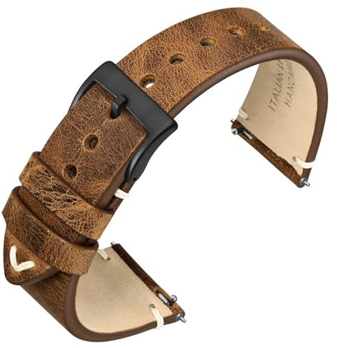 ANNEFIT Uhrenarmband 20mm für Herren Damen, Italienisches Vintage Lederarmband, Schnellverschluss Echtes Ersatzarmband mit Schwarze Schnalle (Gelbbraun)