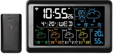 Estación meteorológica multifunción inalámbrica con WiFi (Tuya Smart App) – Sensor exterior IP44, previsión meteorológica de 4 días, pantalla a color, de -40 °C a +70 °C, color negro