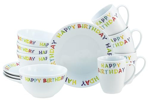 CreaTable, 24170, Serie Happy Birthday, 12-teiliges Geschirrset für 4 Personen, Frühstücksset aus Porzellan, spülmaschinen- und mikrowellengeeignet, Qualitätsproduktion