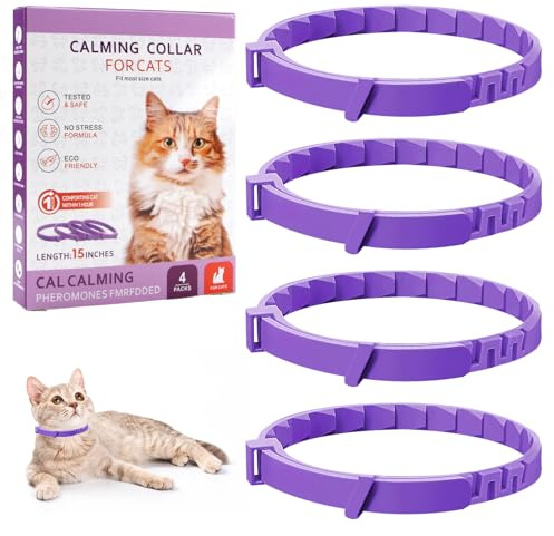 Lugnande halsband för katter, 4 delar, naturlig anti-stress med feromoner, lila färg, justerbar storlek och effekt 30 dagar, för kattungar och vuxna katter