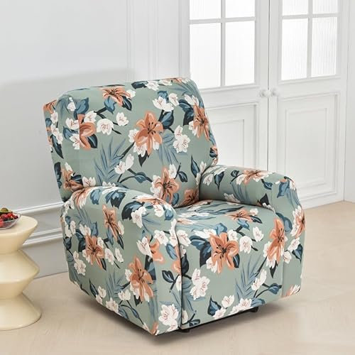Odot Stretchhusse für Relaxsessel, 4-Teilig Komplett Sesselschoner, Elegante Botanische Drucke, Universal Stretch Sesselbezug Relaxsessel Sofabezug (Grau)