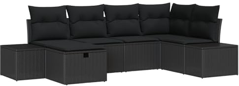 vidaXL 6-teiliges Garten-Sofaset mit Kissen in Schwarz aus Polyrattan | Überdachtes, modulares und wetterfestes Design für Terrassen und Balkone, pflegeleichtes Loungemöbel.