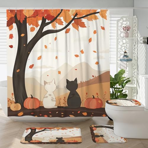 Juego de 4 piezas de baño con diseño de gato, accesorio de baño con alfombra antideslizante, en forma de U y cubierta de tapa de inodoro, decoración de baño de hoja de arce de árbol otoñal, 72 x 72