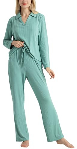 Women's Pyjamas Set, Ladies Pyjamas Long Sleeve Striped Shirt with Suit Collar and Wide Leg Trousers Comfy Loungewear, Ultra-Soft Nightwear PJS