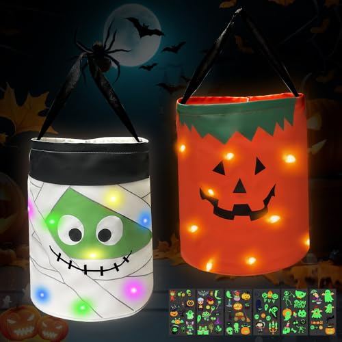 HuaMuDM 2 Stück Halloween Süßigkeiten Tasche,Halloween Eimer LED, Kürbis Candy Tüten, 6 Stück Leuchtende Aufkleber,Leuchtend Süßigkeiten Tasche,Geschenktasche,für Kinder Party