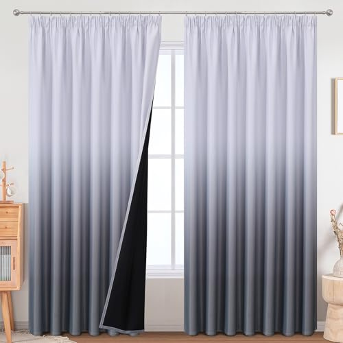 VEHEDE Große Blackout Vorhänge 229cm Länge, Extra Breite Große Thermisch Isolierte Grau und Weiß Ombre Vorhang für Schlafzimmer, Gradient Lärm Reduzierende Vorhänge für Wohnzimmer, H229 x B229 cm