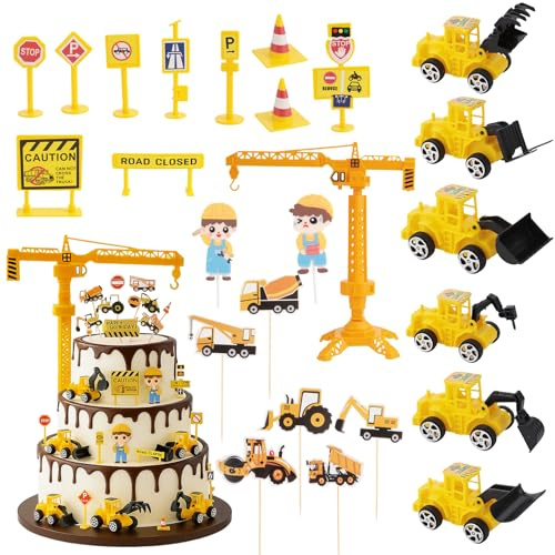 28pcs Tortendeko Bagger - Mini Tortendeko Geburtstag, Baustelle, Einschulung Kindergeburtstag, Verkehrsschildern Deko, Bagger Kuchen, Cake Topper, TortenKuchendeko Geburtstag