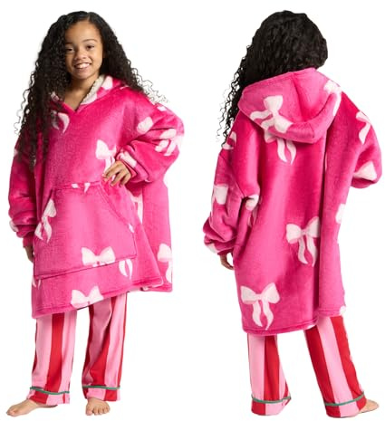 OHS Hot Pink Blanket Hoodie Bow Print, Gifts for Girls Teen Hooded Blanket Super Soft Warm Sherpa Fleece Throw Wearable Blankets Sweatshirt Big Pocket Oversized Hoodie