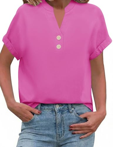 PASUDA Camicia Estiva Donna Blusa Lino Elegante Camicetta Manica Corta Camicia Scollo a V Button Down Camicia Tinta Unita Classico Top Estive T Shirt