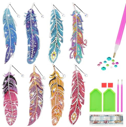 MUYAPAY 8 Pièces Marque Page Diamond Painting, 5D Bookmark avec Pendentif en Cristal Plume, Diamond Painting Enfant Marque Page Enfants Cadeau Bricolage Fille 6 7 8 9 10 11 12 ans