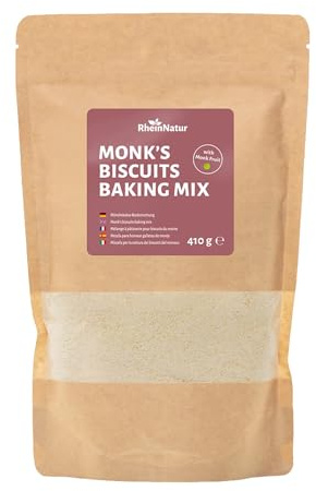 RheinNatur Monk Fruit Baking Mix 410 g - Eine Backmischung ohne Zuckerzusatz, mit Monk Fruit gesüßt, ideal für Kekse & Gebäck. Haferflicken und Dinkel Kekse