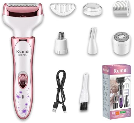 KEMEI Afeitadora Eléctrica Mujer 4 en 1, Depiladora Facial y Corporal | USB-C Recargable, Rasuradora Mujer para Bikini, Nariz, Cejas, Axilas y Piernas-Depilación Suave y Precisa,Rojo