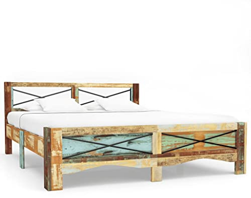 FWIKDUN Antikes Holzbett aus recyceltem Massivholz im Vintage-Stil, einzigartiges Bett aus Altholz ohne Matratze, Massivholzbett aus recyceltem Altholz 140x200 cm