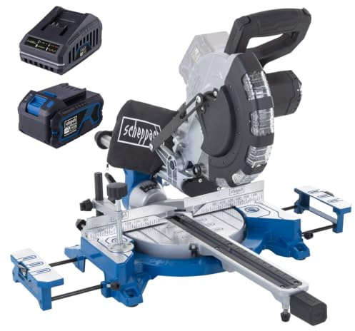 Scheppach Akku Kappzugsäge BC-HM216-X mit 340 & 65mm Schnittbreite-/Höhe | 210mm Sägeblatt | Gehrungssäge für Balken, Bretter & Lamiant | 20V-IXES-Serie | 10 Jahre Garantie | mit 4Ah Akku & Ladegerät