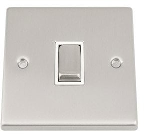 Light Switch Single 1 Gang - Satin Matt Chrome - Square - White Insert - Metal Rocker Switch - 10 Amp 1 Gang 2 Way