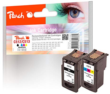 Peach C510/511/512/513 Spar Pack Druckköpfe XL (BK, C) ersetzt Canon PG-512BK, CL-513C, 2969B001, 2971B001 für z.B. Canon Pixma MX 340, Canon Pixma MP 230, Canon Pixma MP 250, Canon Pixma MP 280