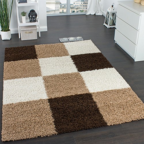 Paco Home Shaggy Teppich Hochflor Langflor Gemustert in Karo Braun Beige Creme, Grösse:300x400 cm