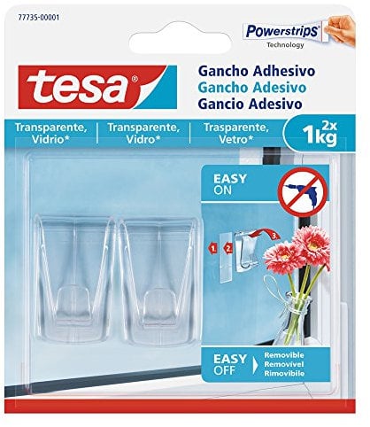 tesa Gancho Adhesivo para Superficies Transparentes y Vidrio 1 kg, Ganchos Colgantes Invisibles, Soporta hasta 1 kg por Gancho, Paquete con 2 Piezas, Incluye 4 Tiras Adhesivas