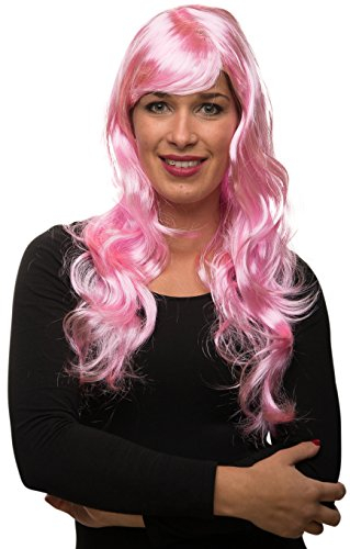 Sexy Langhaar Damen Frauen Perücke lockig/gewellt für Fasching Karneval Motto Party - 13 Farben (Rosa)