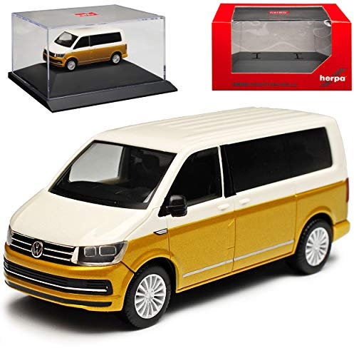 Volkwagen T6 Multivan Personen Transporter Weiss Gelb Gold T5 Ab 2. Facelift 2015 mit Sockel und Vitrine H0 1/87 Herpa Modell Auto mit individiuellem Wunschkennzeichen