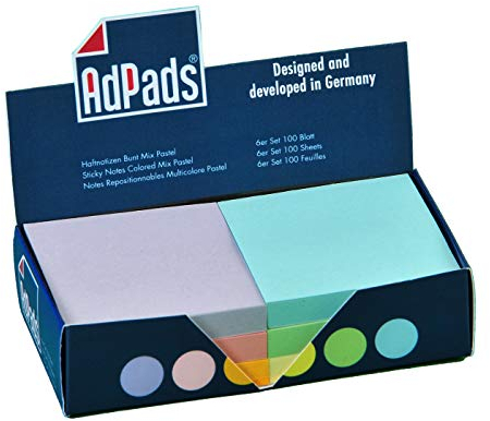 AdPads® selbstklebende Haftnotizzettel | 75 x 70mm, 6 Blöcke à 100 Blatt, Set Bunt Pastellfarbe | Kleine Sticky Notes Box