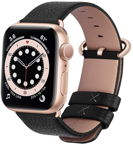 Fullmosa Correa de Apple Watch, 42 mm 44 mm 45mm Correa Compatible con iWatch, Correa de Cuero, Compatible con Apple Watch SE y serie 7 6 5 4 3 2 1, Negro + Hebilla de oro rosa, 42mm/44mm/45mm