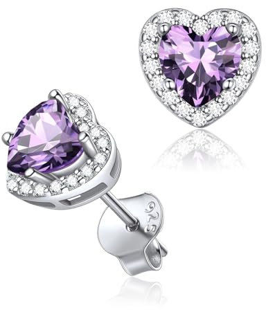 ChicSilver Sterling Silver Earrings Womens 925 Silver Heart Shaped Amethyst Birthstone Stud Earring February Jewellery Gifts for Ladies