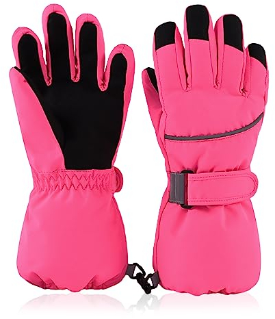 Skihandschuhe Kinder Wasserdicht Winddichtem mit Reflektierenden Streifen Rutschfeste Handschuhe Wärmende Fäustlinge Kälteschutz Fausthandschuhe für Kinder,Erwachsene (Rosa Rot, S(4-6Jahren))
