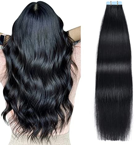 SUYYA Tape Extensions Echthaar,Invisible Tape in Extensions Echthaar Seidig Gerade Remy Tape Haarverlängerungen Echte Menschliches Haar 24 Zoll 60cm 20 Stück 50G #1 Tief Schwarz