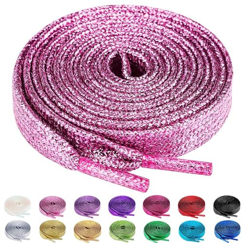 Olukssck 2 Paires Lacets Plats Pailletés Premium, Lacets de Remplacement de 10mm de Qualité Supérieure pour Chaussures de Sport, Chaussures de Ville, Rose, 100cm