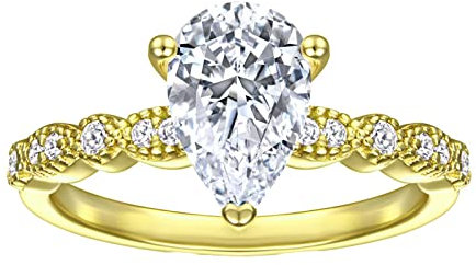Silber 925 Ring Stein, Birne Weiß 6X9Mm Zirkonia Vergoldet Tropfenförmig Damen Ringe Hochzeit 49