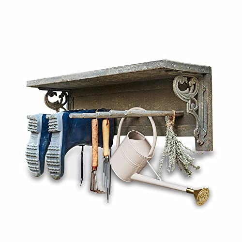 Loberon Regal Conterey, nachhaltige Nostalgie, für Gartenstiefel & mehr, Gartenzubehör, Ordnungshelfer, Wandregal, Kiefernholz, Gusseisen, braun