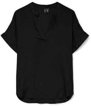 VERO MODA Damen Top Casual Splitneck umgeschlagene Ärmelbündchen Bluse Kurzarm, Farben:Schwarz, Größe:M