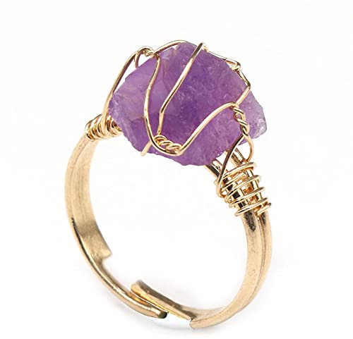 WLLDDDIU Natürlicher Amethyst-Ring Unregelmäßiger Rauer Kristall Goldener Ring Verstellbar Offene Steinringe Für Frauen Reiki-Balance Knöchel-Fingerringe Für Frauen Mädchen Männer