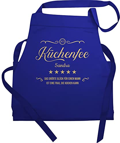Schürze - Kochschürze Damen Frauen - Küchenfee No.1 mit Name und Spruch personalisiert I Kochliebhaberin I Geschenk Köchin - 60x87 - Royalblau - küchenschürze