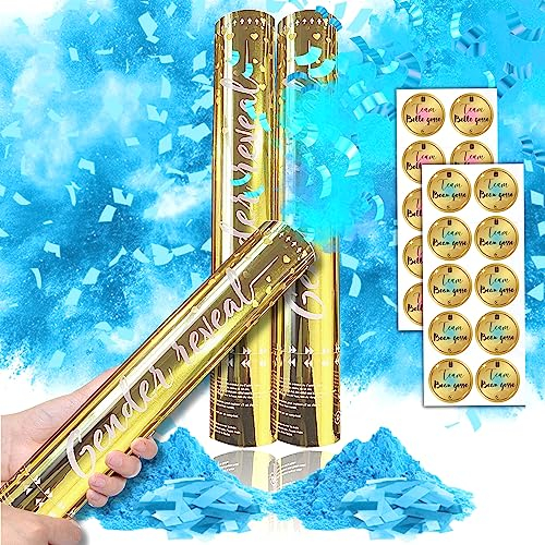 Gender Reveal Annonce Sexes Bébé | x2 Canon Confettis & Poudre Holi effet Fumigene Couleur Intense ✦ Idéal pour Revelation Boy or Girl ✦ Oh Baby Shower Party ✦ 2 Bleu + 20 Stickers + Ebook Offert