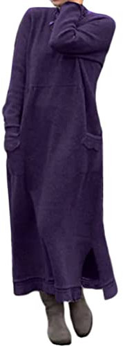 shownicer Donna Maniche Lunghe Maglione Abito Autunno Invernale Caldo Tinta Unita Vestito Lungo in Maglia Elegante Abito con Tasche A Viola XL