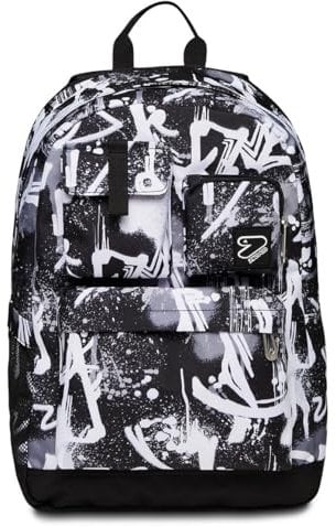 Seven Zaino Scuola PRO, Nero Bianco - Zaino Estensibile- Tasca Porta Borraccia, Tasche Laterali - Tasca Porta PC - Ragazza - con Power Bank e Attacco USB