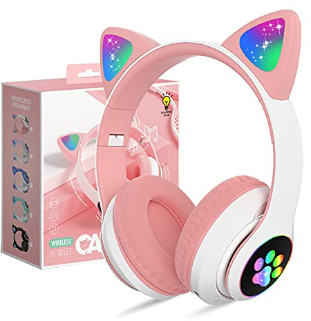OHAANYY Bluetooth kopfhörer Kinder,Mädchen Katzenohr Kopfhörer Over Ear mit LED licht Faltbare Stereo Kopfhörer Bluetooth,Kabellose Kopfhörer Kinder mit Mikrofon für Tablet/Handy/PC (Rosa)
