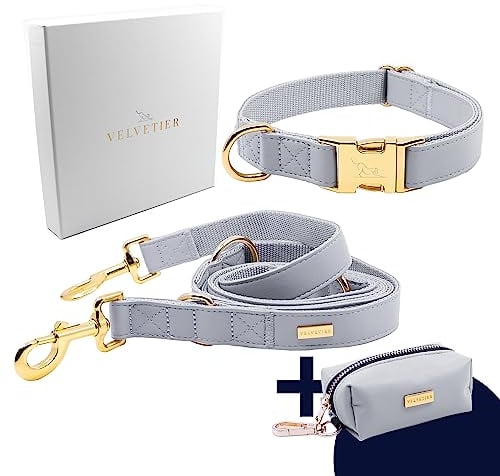 VELVETIER® Manhattan | Halsband Hund im Set mit Leine & Beutelspender | Veganes Leder | Hunde Halsbänder, Hundehalsband | Hundeleine 2m, Hundeleine mit Halsband (S/M: 29 - 40cm)