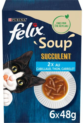 FELIX | Sukkulenten-Suppe | ausgewachsene Katze | Suppe mit zarten Fischscheiben: mit Kabeljau, Thunfisch, Karrelet | Suppe in frischen Beuteln | 8er Pack (6 x 48 g)