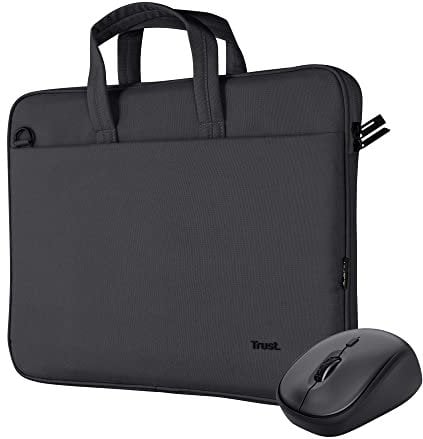 Trust Bologna Laptoptaschen-Maus-Set, Slim Laptop Eco Tasche bis 16 Zoll, mit Schultergurt, Leise Funkmaus, Nachhaltiges Design, 800-1600 DPI, Maus für Laptop, PC, Desktop, Mac – Schwarz