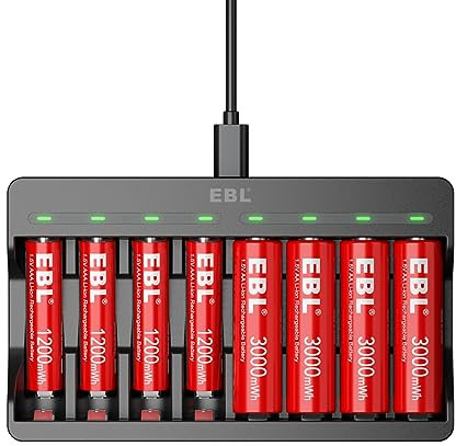 EBL Piles Rechargeables AA AAA 1,5V Puissants, avec Chargeur de Piles 8 Slots M7012 pour AA/AAA 1,5V Piles Rechargeables Li-ION