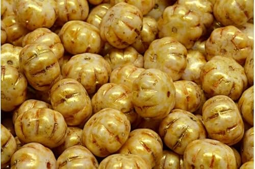 230 gr (approx. 154 pcs) - Kürbisfruchtperlen - Pumpkin Fruit Beads 8x11mm, Czech Glass, White Gold Luster Spotted (02010-65322)