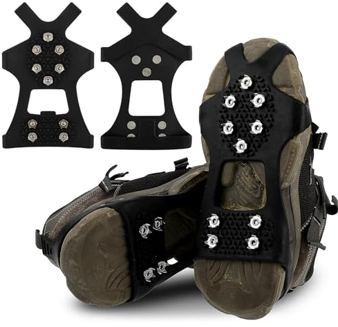 Crampons Ice Cleats for Shoes and Boots, Traction Cleats Ice Snow Grips with 10 Stainless Steel Spikes, Winter Outdoor Anti-Slip Crampon for Walking, Fishing, Climbing and Hiking(M)