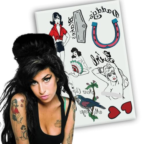 Yatatu - Amy Winehouse Temporäres Tattoo Set - Kostüm - Karneval - Halloween - Cosplay (Ganzes Blatt)