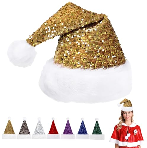 Pailletten Weihnachtsmütze Nikolausmütze Erwachsene Plüsch,Plüsch Nikolausmütze mit doppeltem Samt für Weihnachtsfeiern,Bequemes Dicker Klassischer Nikolausmütze für festliche Partys im neuen Jahr